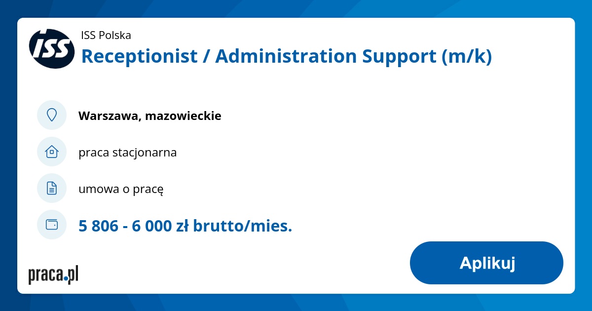 Archiwalna oferta nr 10530308, Receptionist / Administration Support (m ...