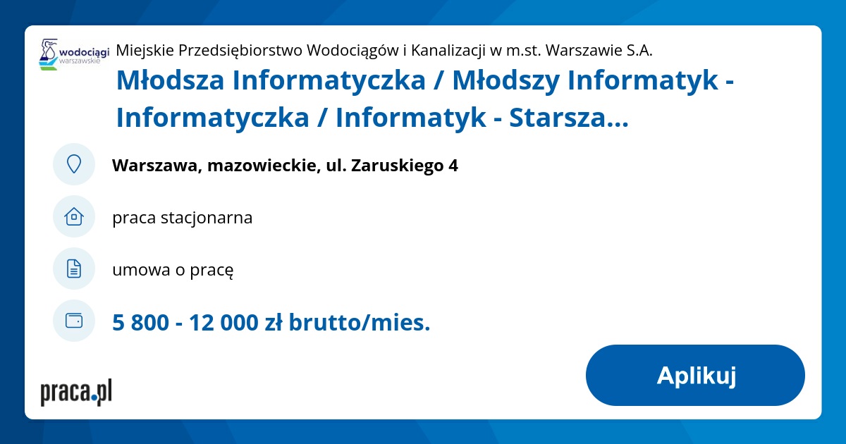 Archiwalna oferta nr 10680635, Młodsza Informatyczka / Młodszy ...