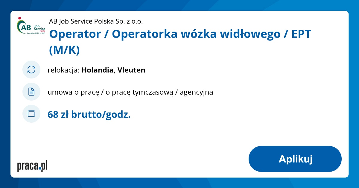Archiwalna oferta nr 10869598, Operator / Operatorka wózka widłowego ...