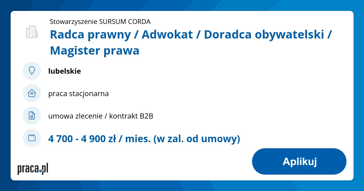 Praca Radca prawny / Adwokat / Doradca obywatelski / Magister prawa ...