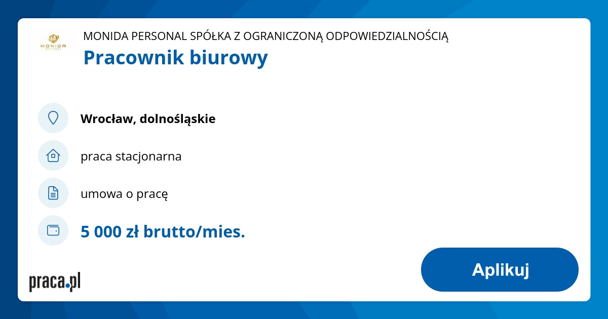 Archiwalna oferta nr 9995632, Pracownik biurowy, Wrocław, MONIDA ...