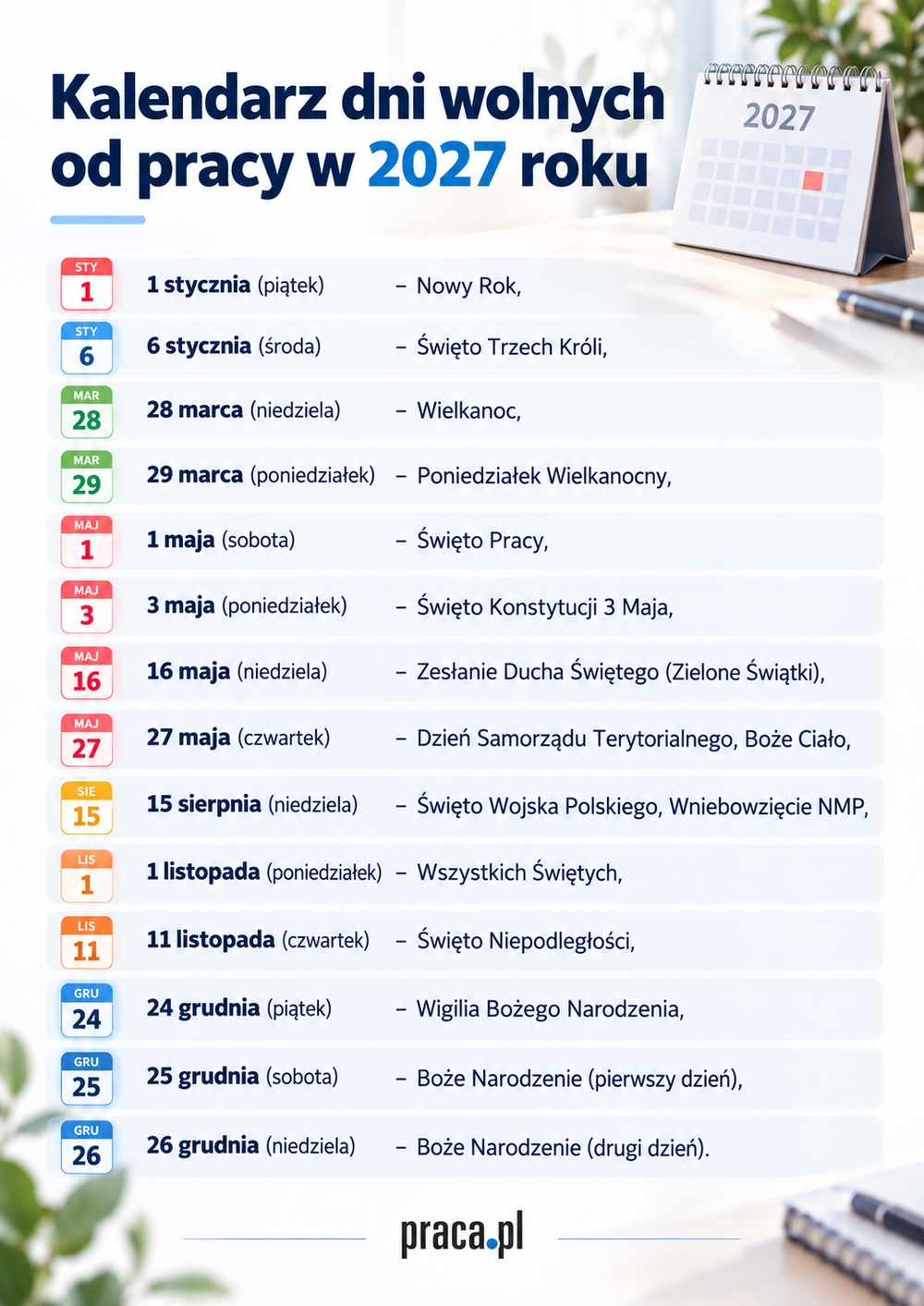 Kalendarz dni wolnych 2027